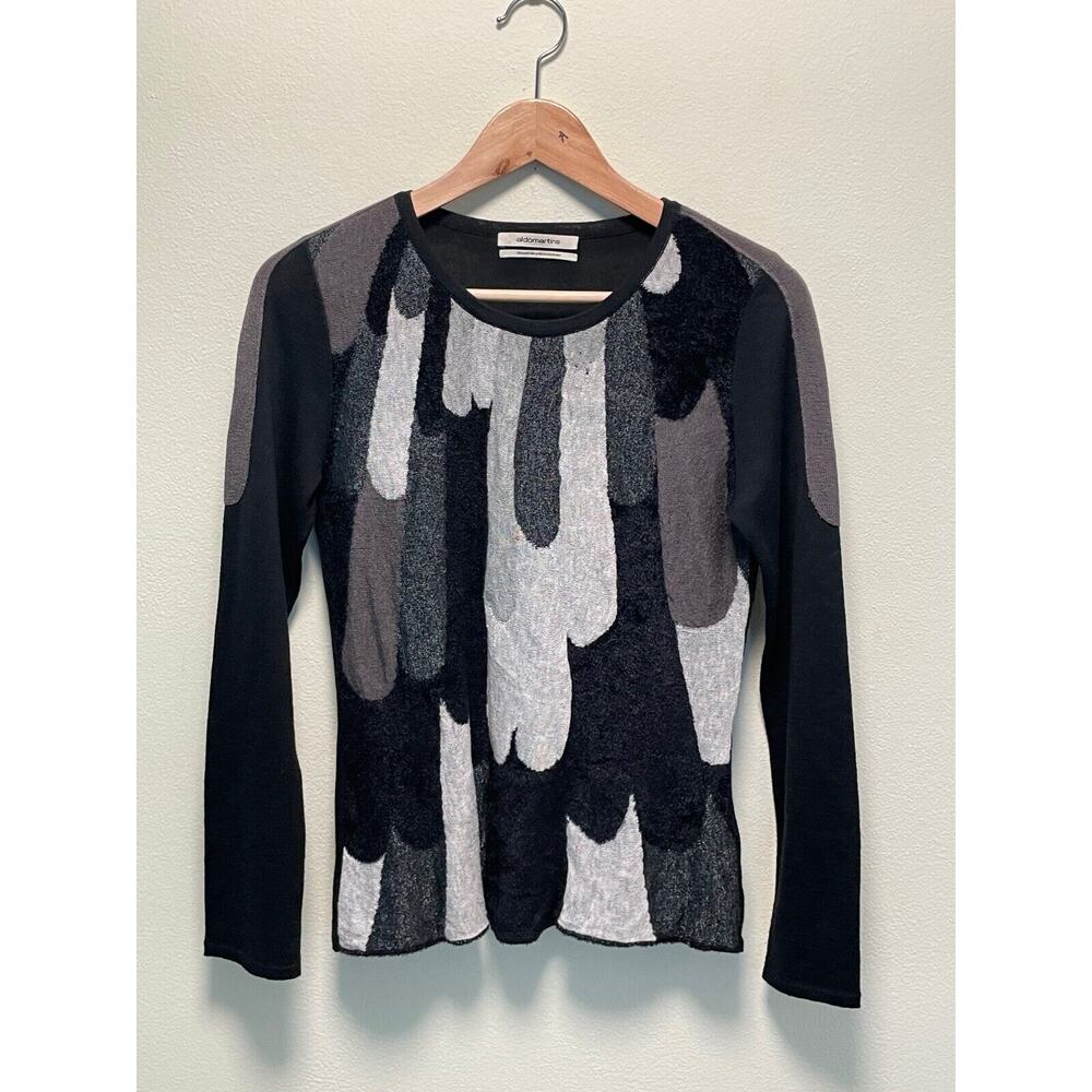 Anthropologie Black Gray and White Patterned Long-Sleeve Crewneck Sweater